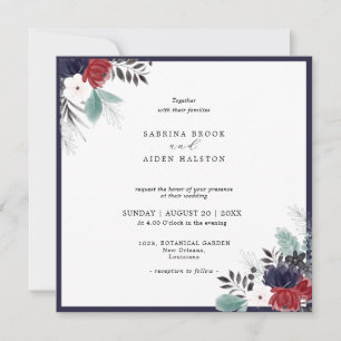 Navy Blue Burgundy Red Gothic Floral Wedding  Invitation