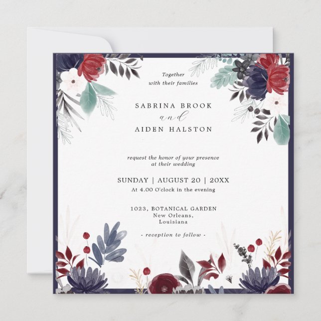 Navy Blue Burgundy Red Gothic Floral Wedding  Invitation (Front)