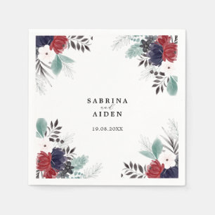 Navy Blue Burgundy Red Gothic Floral Wedding Napkin
