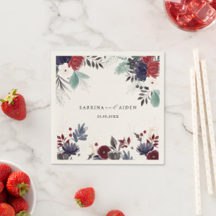 Navy Blue Burgundy Red Gothic Floral Wedding Napkin