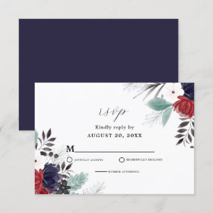 Navy Blue Burgundy Red Gothic Floral Wedding  RSVP Card