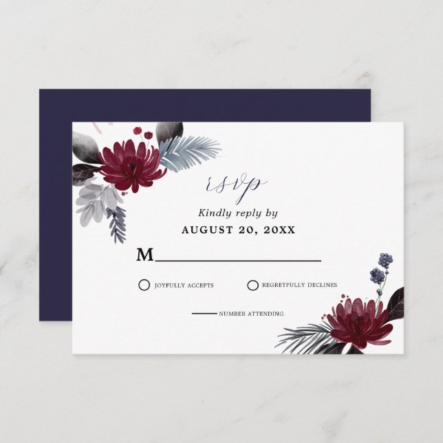 Navy Blue Burgundy Red Gothic Floral Wedding  RSVP Card (Front/Back)