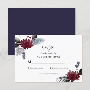 Navy Blue Burgundy Red Gothic Floral Wedding  RSVP Card