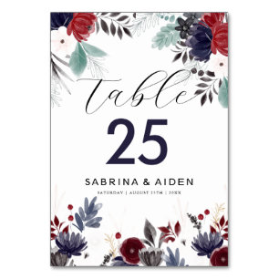 Navy Blue Burgundy Red Gothic Floral Wedding Table Number