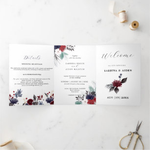 Navy Blue Burgundy Red Gothic Floral Wedding Tri-Fold Announcement