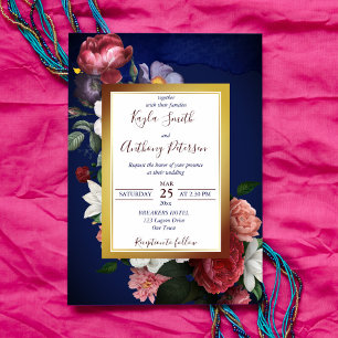 Navy blue burgundy roses floral wedding invite