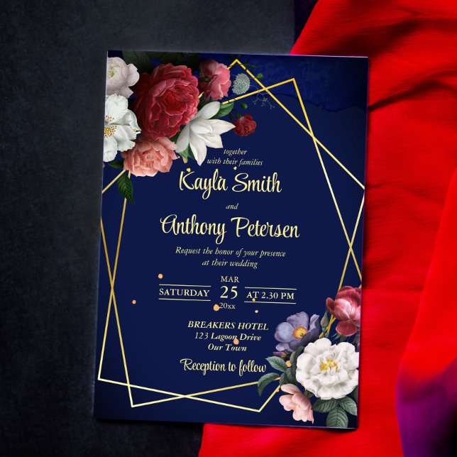 Navy blue burgundy roses wedding invite template (Creator Uploaded)