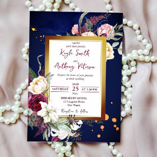Navy blue burgundy roses white lily wedding invite