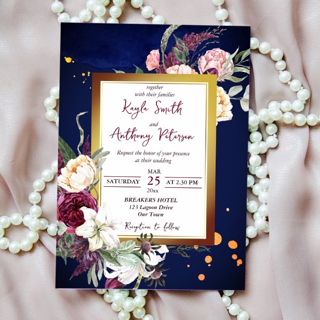 Navy blue burgundy roses white lily wedding invite (Creator Uploaded)