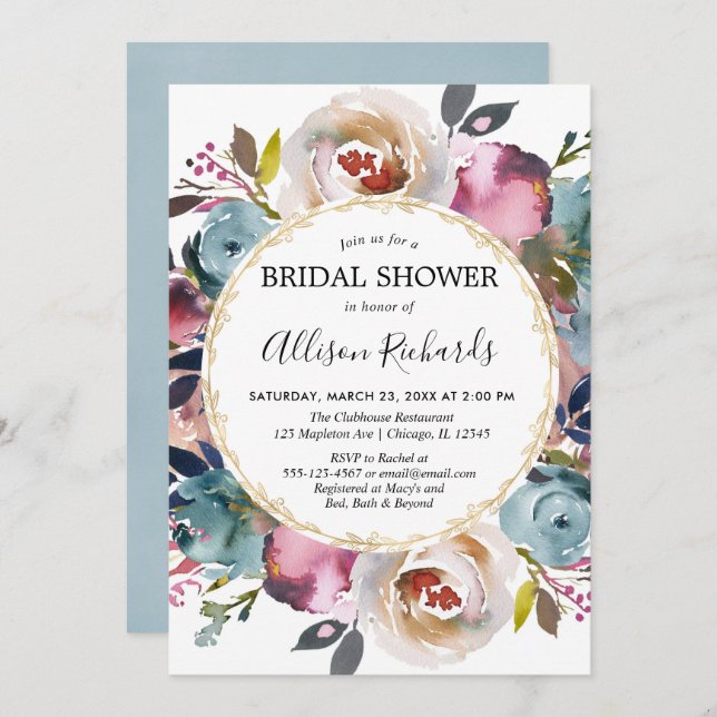 Navy blue burgundy rustic floral bridal shower invitation (Front/Back)