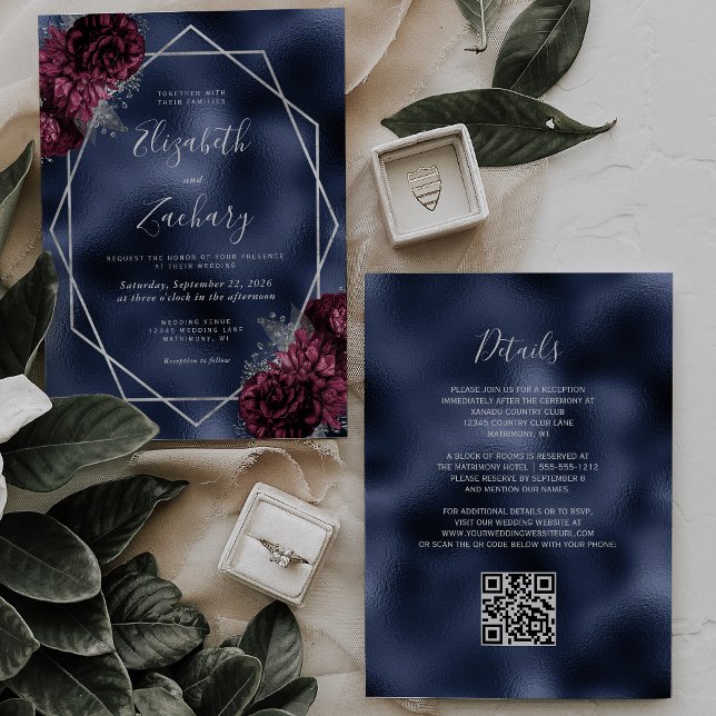 Navy Blue Burgundy Silver Floral QR Code Wedding Invitation (Creator Uploaded)