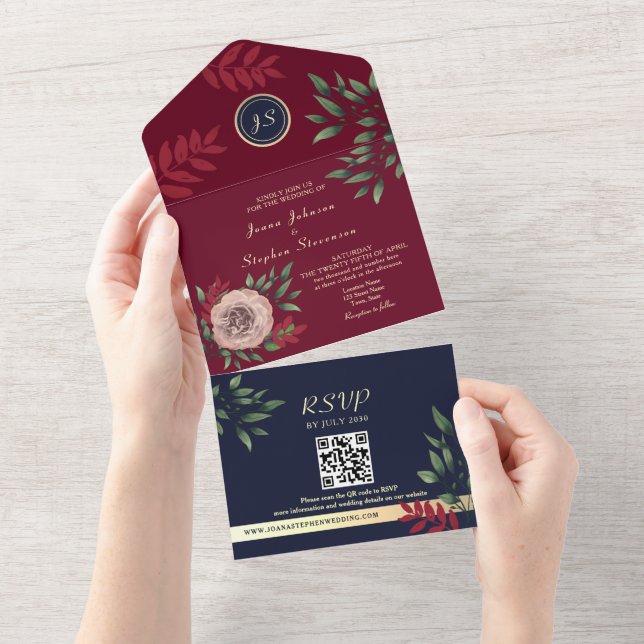 Navy Blue Burgundy Wedding QR Code All In One Invitation (Tearaway)