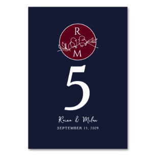 Navy Blue Burgundy Wedding Table Number