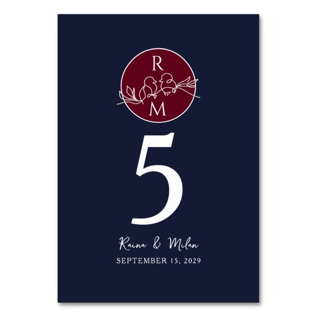 Navy Blue Burgundy Wedding Table Number (Front)
