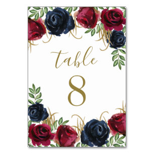 Navy Blue Burgundy Wedding Table Number Cards