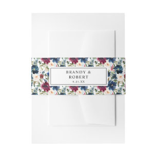 Navy Blue, Burgundy, & White Floral 2 Invitation Belly Band