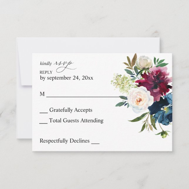Navy Blue, Burgundy & White Floral no Meal RSVP Card (Front)