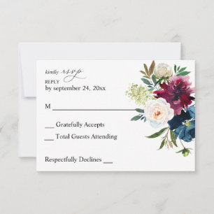 Navy Blue, Burgundy & White Floral no Meal RSVP Card