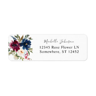 Navy Blue, Burgundy & White Floral Return Address Label