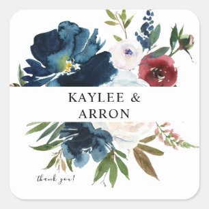 Navy Blue, Burgundy & White Floral Thank You Square Sticker