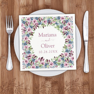 Navy Blue Burgundy Wine Watercolor Floral Wedding Napkin