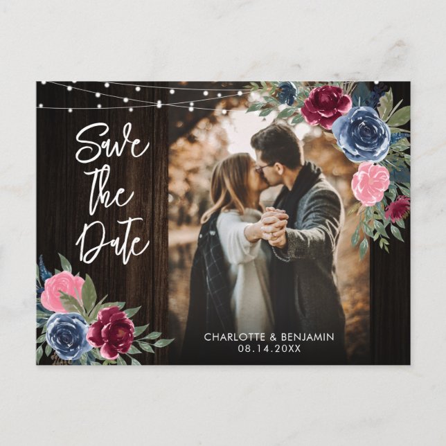 Navy Blue Burgundy Wood Floral Photo Save The Date Postcard (Front)