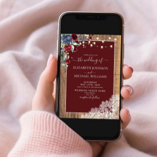 Navy Blue Burgundy Wood Script Lace Photo Wedding Invitation