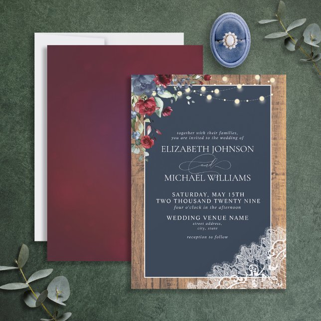 Navy Blue Burgundy Wood Script Lace Wedding  Invit Invitation (Creator Uploaded)
