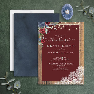 Navy Blue Burgundy Wood Script Lace Wedding  Invitation