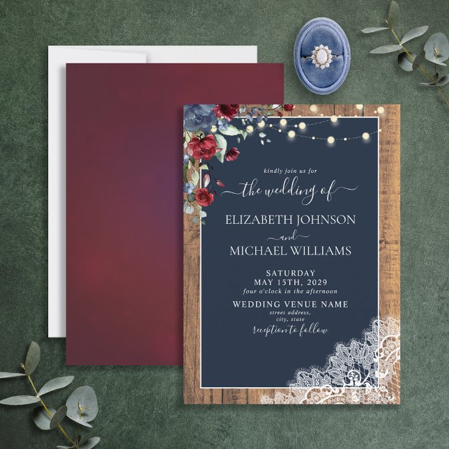 Navy Blue Burgundy Wood Script Lace Wedding  Invitation (Creator Uploaded)