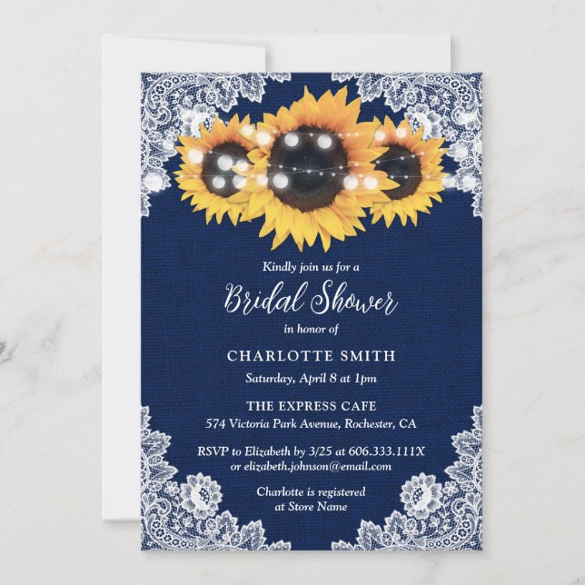Navy Blue Burlap and Lace Sunflower Bridal Shower Invitation (Front)