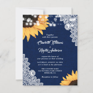 Navy Blue Burlap and Lace Sunflower Wedding Invitation