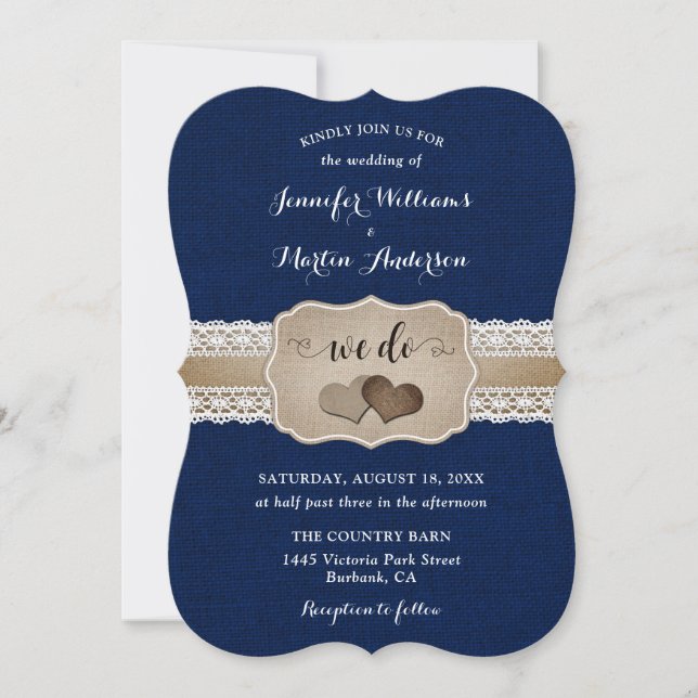 Navy Blue Burlap and Lace Wedding Invitation (Front)