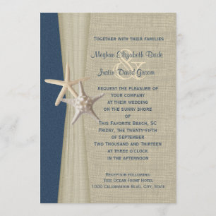 Navy Blue Burlap and Starfish Beach Wedding Invitation