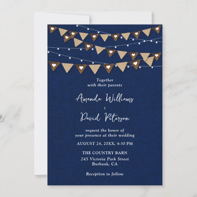 Navy Blue Burlap Bunting String Lights Wedding Invitation (Front)