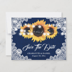 Navy Blue Burlap Floral Lace Sunflower Wedding Announcement