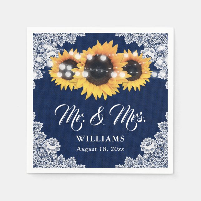 Navy Blue Burlap Floral Lace Sunflower Wedding Napkin (Front)