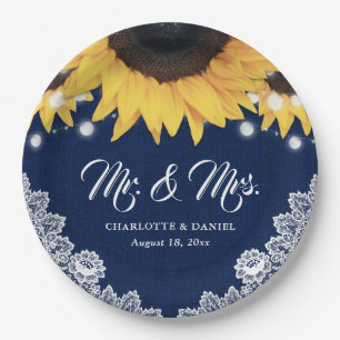 Navy Blue Burlap Floral Lace Sunflower Wedding Paper Plate