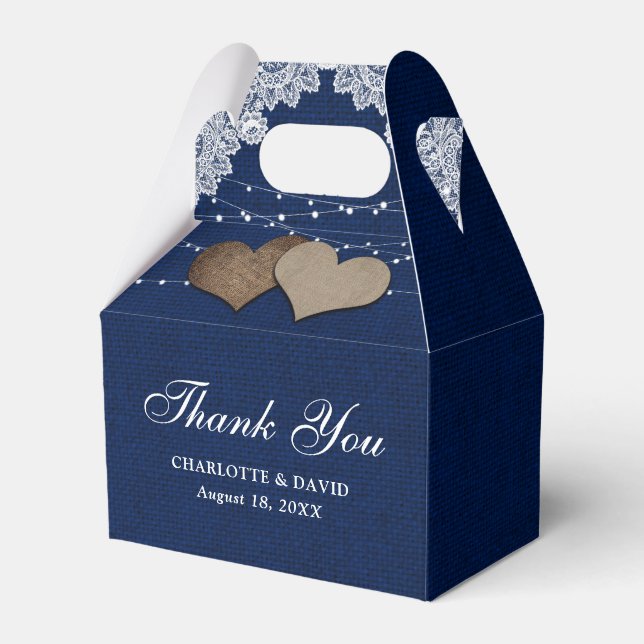 Navy Blue Burlap Lace String Lights Wedding Favour Box (Front Side)