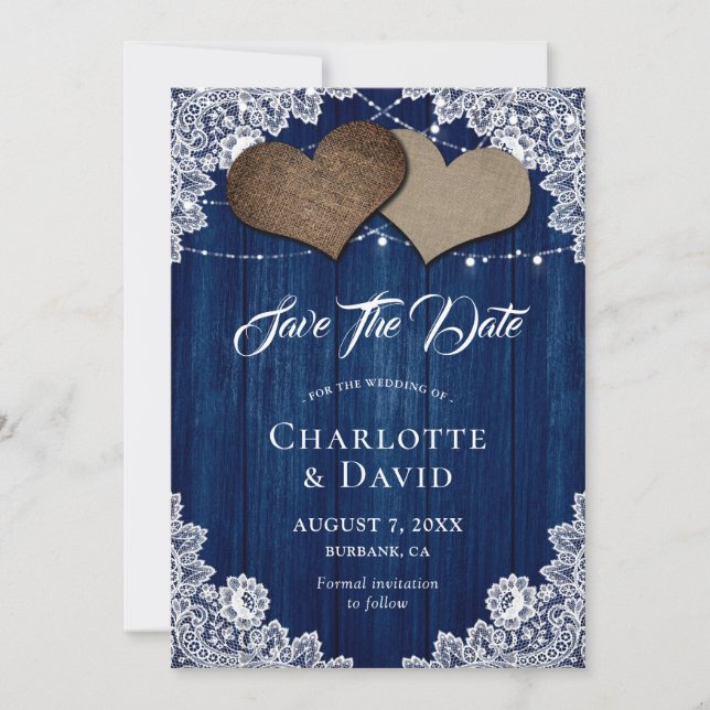 Navy Blue Burlap Lace Wedding Save The Date Card (Front)