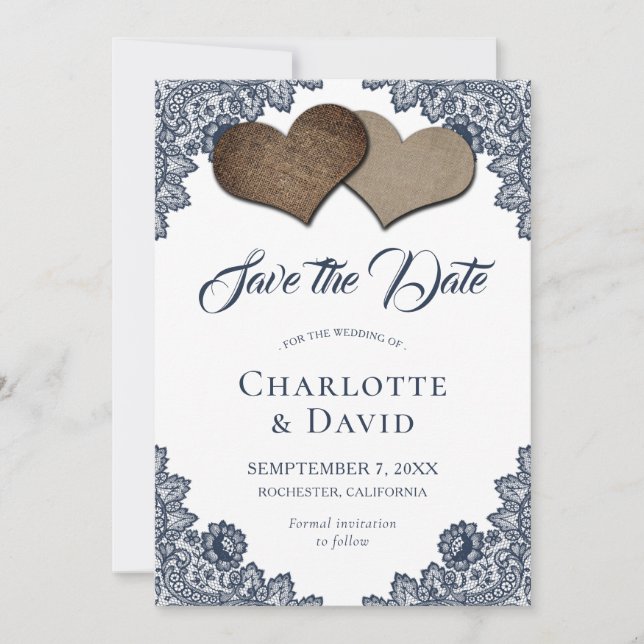 Navy Blue Burlap Lace Wedding Save The Date Card (Front)