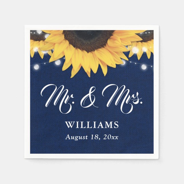 Navy Blue Burlap String Lights Sunflower Wedding Napkin (Front)