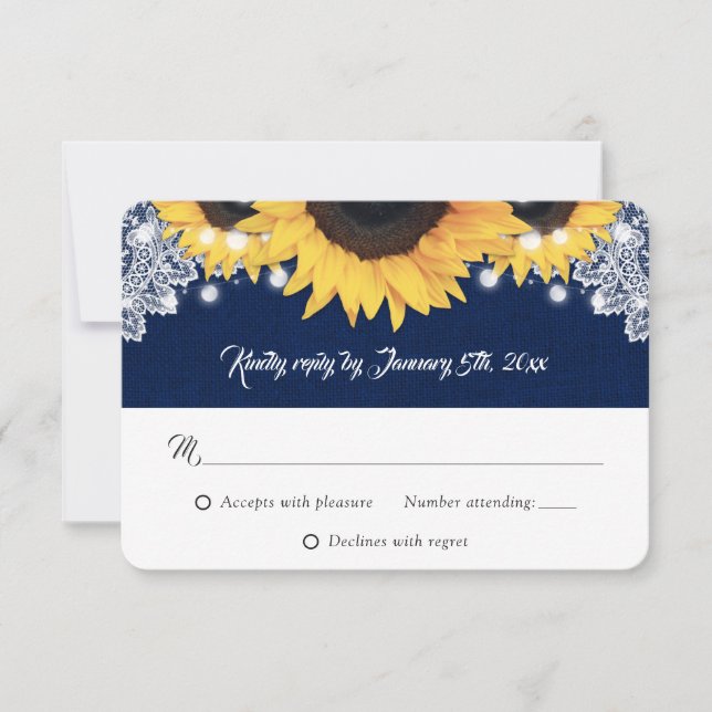 Navy Blue Burlap String Lights Sunflower Wedding RSVP Card (Front)
