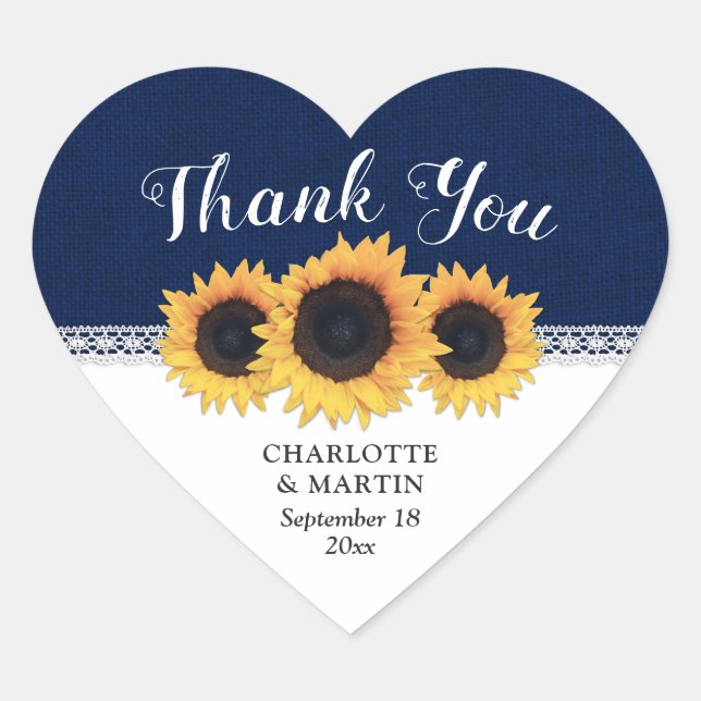 Navy Blue Burlap Sunflower Wedding Thank You Heart Sticker (Front)