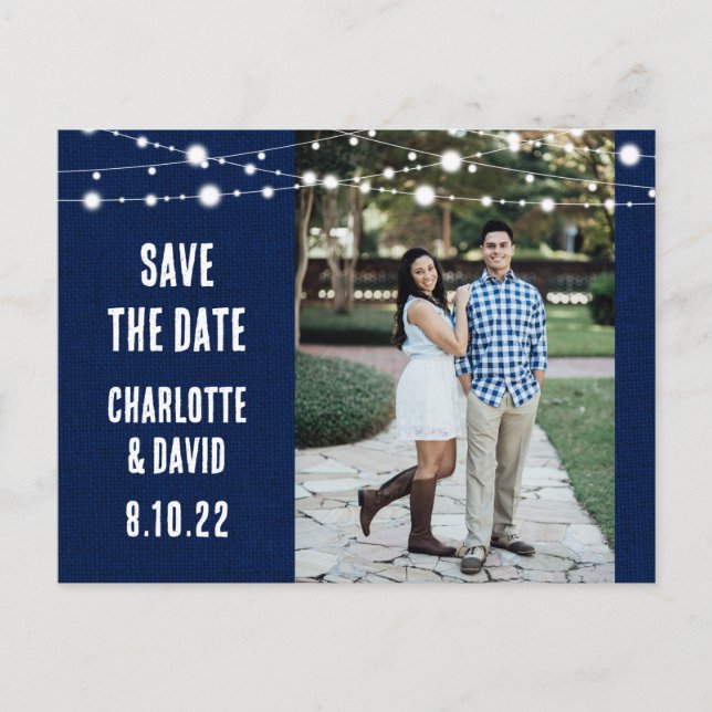 Navy Blue Burlap Wedding Save The Date Photo Announcement Postcard (Front)