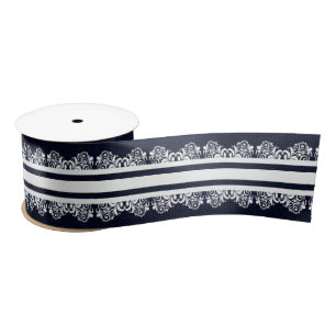 Navy Blue Burlap with White Faux Lace Satin Ribbon