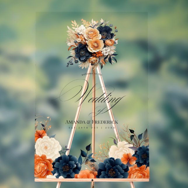Navy Blue, Burnt Orange, and Champagne Wedding Acrylic Sign (Neutral)