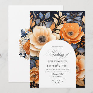 Navy Blue, Burnt Orange and Champagne Wedding Invitation