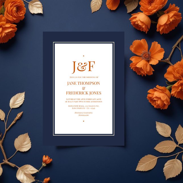 Navy Blue, Burnt Orange and Champagne  Wedding Invitation (Navy Blue, Burnt Orange and Champagne Wedding Invitation)