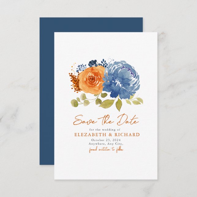 Navy Blue  Burnt Orange Bouquet Fall Floral  Save The Date (Front/Back)